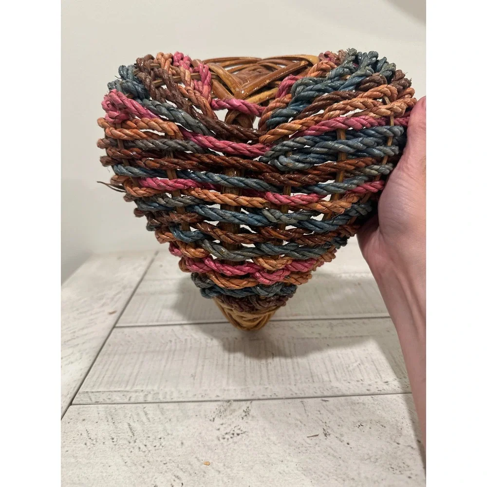Vintage Heart Shaped Woven Basket Multi Color Twisted Rope Handle Cottagecore